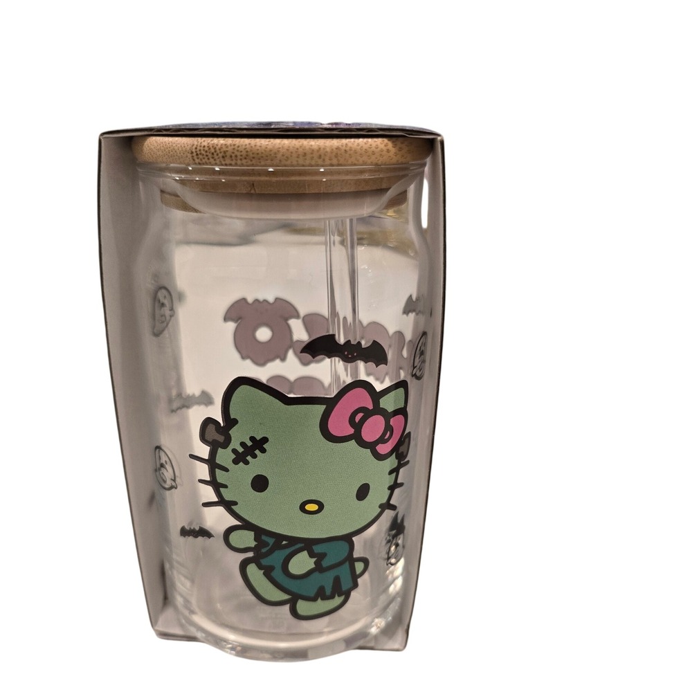 Hello Kitty Frankenstein Halloween Glass Tumbler with Bamboo Lid and Straw 16oz